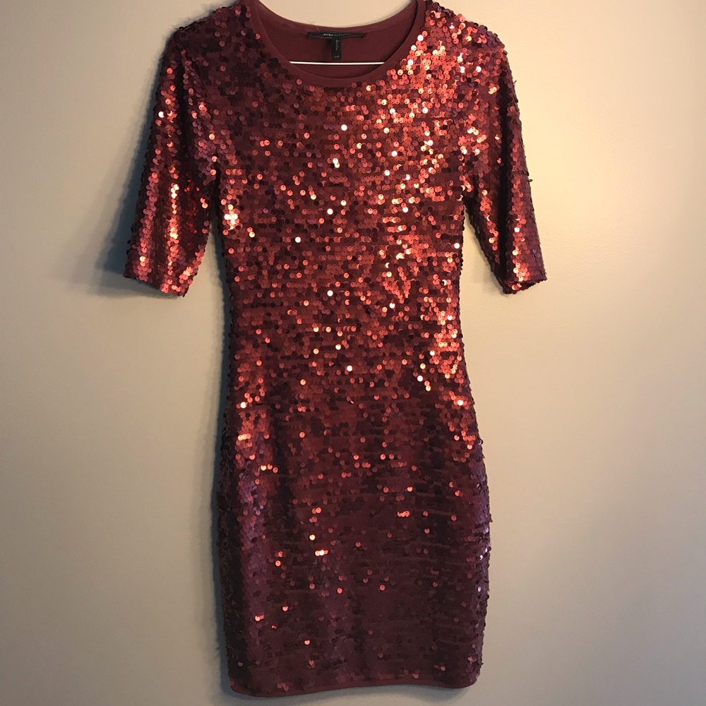 Sequin, wine, BCBGMAXARIA cocktail dress.